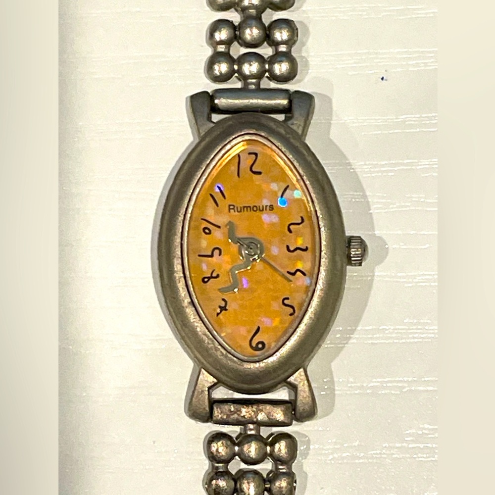 Vintage RUMOURS Orange Faced Sparkles Ladies Watch Bracelet Silver tone band